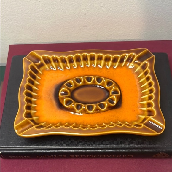 Brinn’s Pottery MCM Vintage 1950s Brown & Orange Glaze Ashtray Trinket Dish - Picture 1 of 4